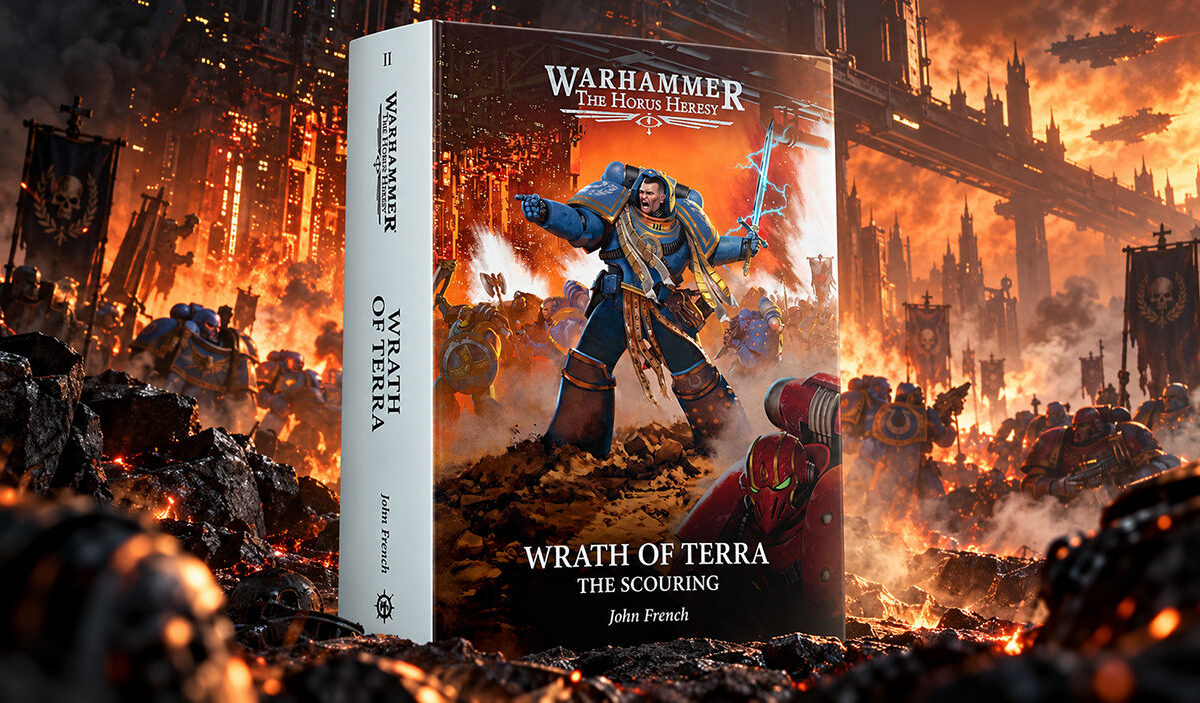 Der Warhammer-Roman Wrath of Terra von John French steht im Mittelpunkt eines brennenden Schlachtfeldes. Das Buchcover zeigt einen blau gepanzerten Space Marine mit erhobenem Energieschwert. Im Hintergrund kämpfen weitere Space Marines zwischen Flammen, Rauch und gewaltigen gotischen Industrieanlagen.