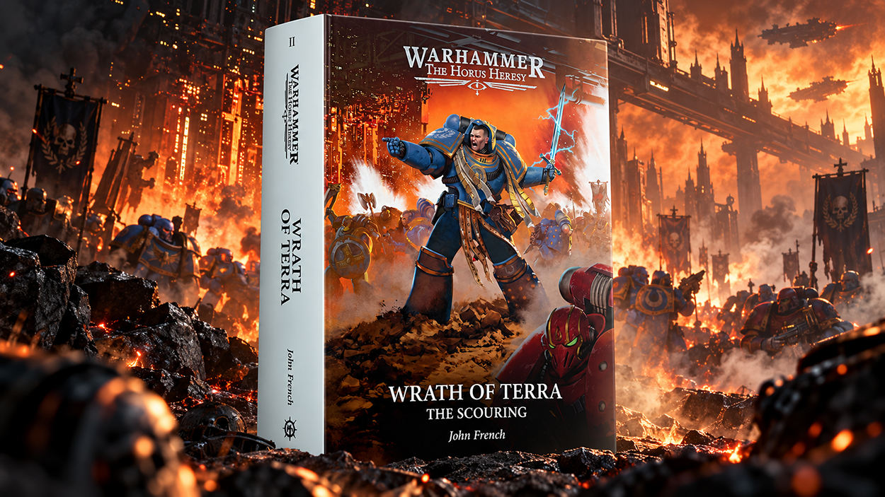 Der Warhammer-Roman Wrath of Terra von John French steht im Mittelpunkt eines brennenden Schlachtfeldes. Das Buchcover zeigt einen blau gepanzerten Space Marine mit erhobenem Energieschwert. Im Hintergrund kämpfen weitere Space Marines zwischen Flammen, Rauch und gewaltigen gotischen Industrieanlagen.