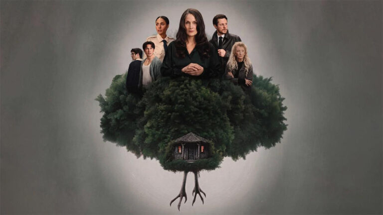 Offizielles Werbemotiv zur Mysteryserie Yaga, einer modernen Adaption der Baba-Jaga-Legende mit Carrie-Anne Moss und Noah Reid.