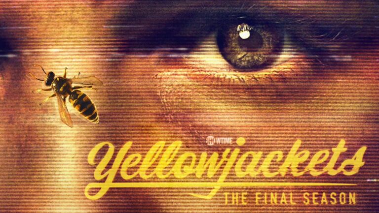 Offizielles Yellowjackets-Motiv zur finalen vierten Staffel mit einer gelb-schwarzen Wespe, dem intensiven Blick einer Frau und dem Schriftzug „Yellowjackets – The Final Season“.