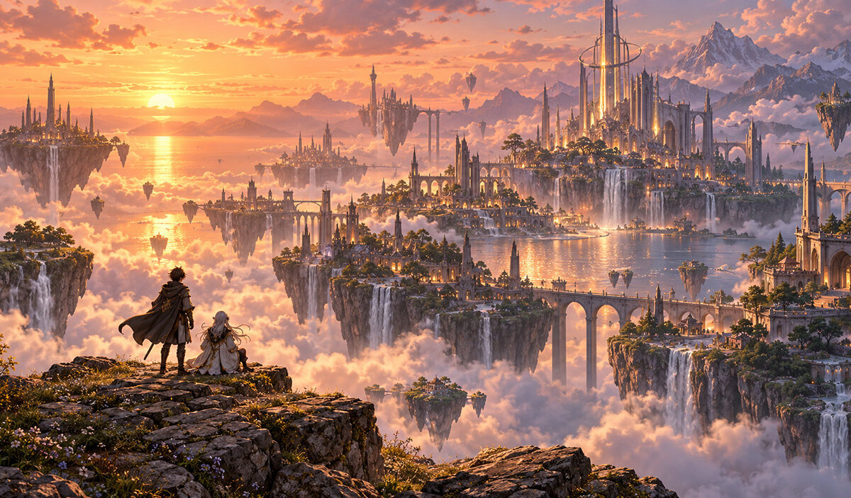 Zwei kleine Fantasy-Abenteurer stehen auf einem Felsen und blicken bei Sonnenuntergang auf eine riesige schwebende Stadt mit Türmen, Brücken, Wasserfällen und Inseln über den Wolken.