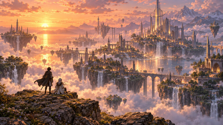 Zwei kleine Fantasy-Abenteurer stehen auf einem Felsen und blicken bei Sonnenuntergang auf eine riesige schwebende Stadt mit Türmen, Brücken, Wasserfällen und Inseln über den Wolken.