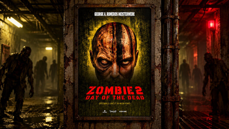 Das offizielle Plakat zu Zombie 2 – Day of the Dead hängt in einem verfallenen unterirdischen Bunker. Im Hintergrund sind mehrere Zombies in einem dunklen, rot beleuchteten Gang zu sehen.