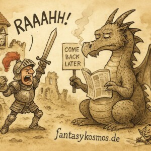 Kein Kampf heute: Der Drache hat Mittagspause und ignoriert den Ritter.