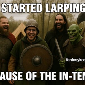 Vier Fantasy-Gefährten lachen vor einem LARP-Zelt – der Ork inklusive. Der Schildträger bringt’s auf den Punkt: "Because of the in-tents!" Wortwitz + Gruppenfreude = Lagerfeuer-Gold. 🏕️🔥