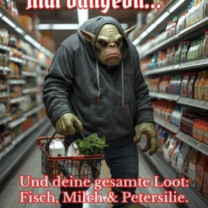 Ein grimmiger Ork im Kapuzenpulli steht im Supermarktgang, hält einen Einkaufskorb mit Fisch, Milch und Petersilie und blickt mürrisch in die Kamera – Fantasy-Meme im „Aldi Dungeon“-Stil.