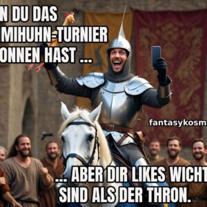 Ein denkwürdiger Moment im Turnierhof: Sir Selfius der Eitle gewinnt mit Würde – oder zumindest mit einem Gummihuhn.