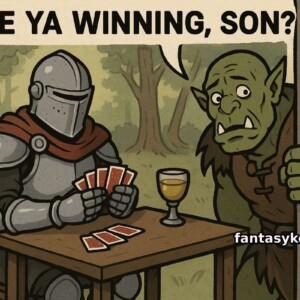 Wenn dein Vater ein Ork ist und du lieber Karten spielst statt Köpfe rollst. Ein Ritter spielt Karten an einem Tisch, während ein verwirrter Ork mit Speer fragt: „Are ya winning, son?“ – humorvolle Fantasy-Version des bekannten Memes.
