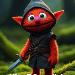 Ein rotes Elben-Baby mit Ähnlichkeit zu Elmo aus der Sesamstraße steht in einem moosbedeckten Fantasy-Wald. Es trägt eine dunkle Assassinen-Kapuze und hält ein Messer. Darüber steht der Text „Elmo Stern-Täter (4) – Kreativgruppe: Heimtücke & freies Meucheln“. Unten: „Kita Dämmerlicht – Wir fördern individuelle Stärken.“