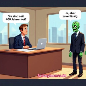 Er mag seit 400 Jahren tot sein – aber er kommt pünktlich. Und krank war er auch nie. Ein Cartoon zeigt einen formell gekleideten Zombie in einem Büro, der vor einem Schreibtisch steht. Hinter dem Schreibtisch sitzt ein seriöser Personaler im Anzug. Der Recruiter fragt: „Sie sind seit 400 Jahren tot?“ – der Zombie antwortet: „Ja, aber zuverlässig.“
