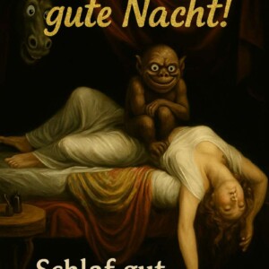 Er kommt nicht mit der Schlafparalyse. Er ist die Schlafparalyse. Und das Pferd links hat auch Fragen. Dunkles, humorvoll-groteskes Gemälde einer schlafenden Frau, über der ein kleiner Dämon mit Glubschaugen hockt. Im Hintergrund lugt ein ebenfalls glotzäugiges Pferd aus dem Schatten. Text wünscht eine „gute Nacht – falls du’s schaffst“.
