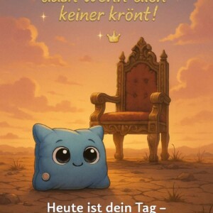 Du brauchst keine Krone. Du hast große Augen und Selbstwertgefühl. Und irgendwo da hinten steht ein Thron, den keiner putzt. Ein knuffiges, blaues Kissen mit großen Augen sitzt vor einem verwaisten, prunkvollen Thron in einer Sonnenuntergangslandschaft. Glitzertext erklärt: „Du bist königlich, auch wenn dich keiner krönt.“