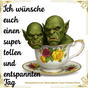 Zwei Orks. Eine Tasse. Null Entspannung. Aber hey – dir auch einen super tollen Tag! Porzellantasse mit Rosenmuster, aus der zwei grimmig dreinblickende Orkköpfe ragen. Daneben steht in verschnörkelter Handschrift: „Ich wünsche euch einen super tollen und entspannten Tag“. Darunter: „fantasykosmos.de – Deine tägliche Tasse Fantasy-Kitsch“.