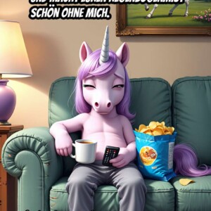 Ein erschöpftes Einhorn mit lila Mähne sitzt bauchfrei auf einem abgenutzten Sofa, mit Fernbedienung, Kaffeetasse und Chips. An der Wand hängt ein Bild eines galoppierenden Einhorns mit Regenbogenschweif. Text: „Entspannten Abend! Und macht euren Regenbogenmist schön ohne mich.“
