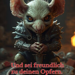 Aufgepasst: Im Reich der Ork-Ratten-Assassinen beginnt ein erfolgreicher Tag nicht mit Kaffee, sondern mit einem frisch geschärften Dolch. Bedrohlich blickende Ork-Ratten-Assassine in stachelbewehrter Rüstung kniet mit Dolch in den Händen, Textoverlay mit ironischer Botschaft ‚Ich wünsch’ dir einen erfolgreichen Tag. Und sei freundlich zu deinen Opfern.‘, humorvoller Werbehinweis für Fantasykosmos.de.