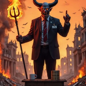 Er hat keine Seele. Aber eine To-do-Liste. Und er glaubt an sich – das reicht für die Apokalypse. Ein Dämon mit Anzug, Namensschild „Lucifer“ und brennender Dreizack steht grinsend vor einer brennenden Ruinenstadt. Um ihn fliegen Fledermäuse, auf dem Tisch vor ihm stehen Kaffeebecher und Blechdose. Der Text verkündet: „Glaub an dich und du kannst ALLES schaffen!“