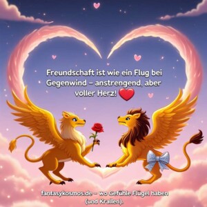 Zwei geflügelte Greifen mit herzförmiger Rauchspur fliegen sich in einer kitschigen Himmelskulisse entgegen. Einer hält eine Rose, der andere trägt eine Schleife. Über ihnen steht: „Freundschaft ist wie ein Flug bei Gegenwind – anstrengend, aber voller Herz!“