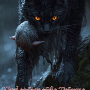 Schwarze, regennasse Katze mit stechend orangefarbenen Augen trägt eine kleine, blutige Elfenkreatur im Maul – düsteres Fantasy-Motiv im Regen.