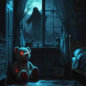 Glühäugiger Kuschelbär sitzt in dunklem Kinderzimmer vor Fenster mit riesiger Geistersilhouette im Mondlicht.