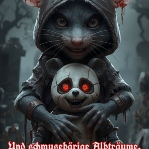 Düstere Fantasy-Maus in blutbeflecktem Kapuzenmantel hält einen zerrissenen, blutigen Plüsch-Panda mit leuchtend roten Augen – makabres Nachtmotiv vor Vollmond und Friedhofskulisse.