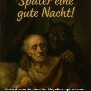 Ein alter Mann liegt im Bett und schaut erschrocken zur Seite, während ein dämonisches Wesen mit Glubschaugen und Hörnern hinter ihm auftaucht und ihm über die Schulter greift. Der Text wünscht sarkastisch: „Später eine gute Nacht!“