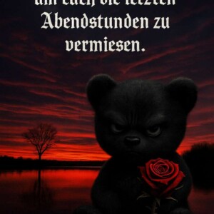 Er bringt dir eine Rose – und ein Gefühl der Nutzlosigkeit. Willkommen im emotionalen Endgame. Ein düster dreinblickender, pechschwarzer Teddybär sitzt vor einem blutroten Sonnenuntergang an einem See und hält eine tiefrote Rose. Der Text lautet: „Ich kam nur kurz vorbei, um euch die letzten Abendstunden zu vermiesen.“