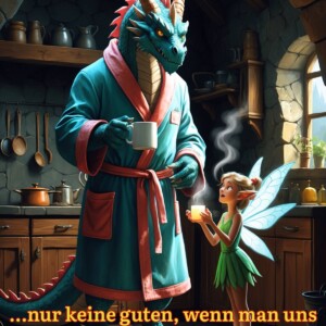 Mürrischer Drache im Bademantel mit Kaffeetasse schaut genervt auf fröhliche Fee in rustikaler Küche