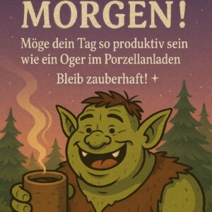 Ein freundlicher grüner Oger mit Zahnlücke hält lächelnd eine dampfende Tasse in der Hand. Der Text wünscht einen produktiven Tag „wie ein Oger im Porzellanladen“ und endet mit „Bleib zauberhaft!“.