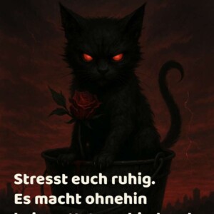 Sie sagt nichts. Sie urteilt nur. Und während du dich abhetzt, plant sie dein karmisches Ableben. Mit Rose. Eine dämonisch dreinblickende schwarze Katze mit glühend roten Augen sitzt mit einer roten Rose im Maul auf einem düsteren Sockel. Im Hintergrund: eine finstere Landschaft. Der Text lautet: „Guten Morgen. Stresst euch ruhig. Es macht ohnehin keinen Unterschied mehr.“
