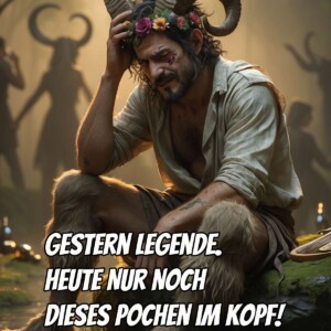 Er war einst ein Gott des Rausches. Jetzt ist er nur noch eine Warnung mit Kater und Kranz. Ein erschöpft aussehender Satyr mit Blumenkranz und blutender Schläfe sitzt verkatert im Wald. Um ihn leere Flaschen, im Hintergrund tanzen schemenhafte Gestalten. Der Text wünscht: „Guten Morgen Sonnenschein! Gestern Legende. Heute nur noch dieses Pochen im Kopf!“