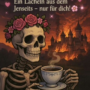 Rosenkranz auf dem Schädel, Kaffee in der Hand – und die Burg im Hintergrund? Brennt halt gerade ab. Aber hey: Guten Morgen! Ein lächelndes Skelett mit Blumenkranz trinkt Kaffee vor dem Hintergrund einer brennenden Burg. Glitzerherzen umgeben die Worte: „Guten Morgen! Ein Lächeln aus dem Jenseits – nur für dich! Und später eine gute Nacht.“