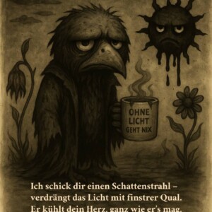Er trinkt seinen Kaffee aus der Dunkelheit. Und du? Bist einfach Teil des Problems. Ohne Licht geht nix. Aber mit Licht auch nicht. Ein finster dreinblickender, zotteliger Vogel mit Kaffeetasse („OHNE LICHT GEHT NIX“) steht zwischen einer welken und einer gesunden Blume. Eine düstere, tropfende Sonnengestalt schwebt im Hintergrund. Text: „Guten Morgen aus der Finsternis“ mit poetisch-melancholischer Grußbotschaft.
