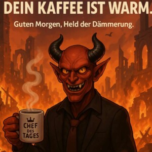 Ein grinsender Dämon im Business-Anzug steht vor brennenden Ruinen, hält eine dampfende Tasse mit der Aufschrift „Chef des Tages“. Text: „Die Welt brennt. Aber hey – dein Kaffee ist warm. Guten Morgen, Held der Dämmerung.“