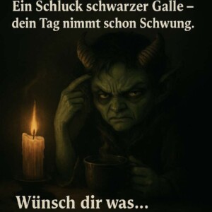 Ein grünhäutiger Dämon mit Hörnern sitzt im Kerzenschein, zeigt auf seine Stirn und hält eine dampfende Tasse. Der Text spricht von Flüchen, schwarzer Galle und einem dunklen Tagesstart – sarkastisch und poetisch zugleich.