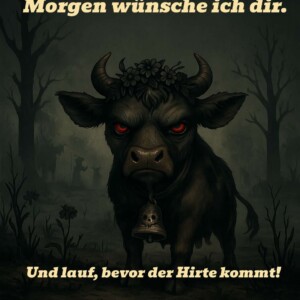 Eine dämonisch wirkende, schwarze Kuh mit roten Augen, Blumenkranz und Totenschädel-Glocke steht auf einer nebelverhangenen, düsteren Weide. Der Text wünscht einen „finsteren guten Morgen“ und warnt: „Lauf, bevor der Hirte kommt!“