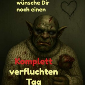Ein hässlicher Pullover, eine verwelkte Rose – und ein noch hässlicherer Wunsch: Möge dein Tag richtig schön scheiße werden. Ein grimmig dreinblickender Goblin in einem schmutzigen Strickpullover hält eine dunkle, verwelkte Rose. Hinter ihm ein blutiges Herz an der Wand. Der Text wünscht sarkastisch einen „komplett verfluchten Tag“.