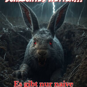 Düsterer, schwarzer Killer-Hase mit roten Augen springt fauchend aus einem Bau im strömenden Regen, Blitze erhellen den Himmel.