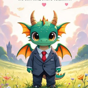 Ein süßer, kleiner Drache mit Anzug und Krawatte steht in einer Blumenwiese. Über ihm der Text: „Glaub an dich! Selbst Drachen haben mal klein angefangen – und dann ganze Städte verbrannt!“ Herzchen schweben um ihn herum, im Hintergrund eine Burg.