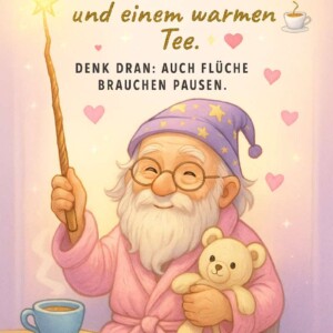 Ein alter, fröhlicher Zauberer mit Schlafmütze, rosa Morgenmantel, Zauberstab und einem Teddybären sitzt mit einer Tasse Tee in der Hand. Der Text erinnert: „Magie beginnt mit einem Lächeln – und einem warmen Tee. Auch Flüche brauchen Pausen.“