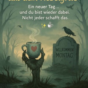 Ein Gruß aus dem Reich der Untoten – frisch gebrüht, montags serviert, mit einem Hauch Moder und Koffein. Eine skelettierte Hand ragt aus einem nebligen Sumpfgrab und hält eine dampfende Kaffeetasse mit Herzsymbol. Im Hintergrund ein Grabstein mit der Aufschrift „Willkommen Montag“, darauf sitzt eine Krähe. Text: „Guten Morgen aus dem Nebelgrab – Ein neuer Tag… und du bist wieder dabei. Nicht jeder schafft das.“