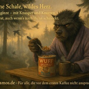 Ein Werwolf, ein Löffel, ein letzter Rest Geduld. Frühstück für Fortgeschrittene. Mürrischer Werwolf im Bademantel frühstückt Hundefutter mit Kaffee im Wald – eindeutig kein Morgenmensch.