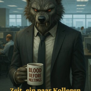 Werwolf im Anzug mit Kaffeetasse „Blood Before Meetings“ im Büro – bereit für den schlimmsten Wochentag.