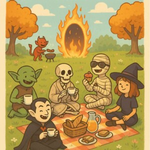 Picknick im Höllenpark – mit allem, was untot, verflucht und gut gelaunt ist. Cartoon-Monster (Vampir, Mumie, Hexe, Skelett, Dämon usw.) machen fröhliches Sonntags-Picknick vor flammendem Portal in idyllischer Landschaft.