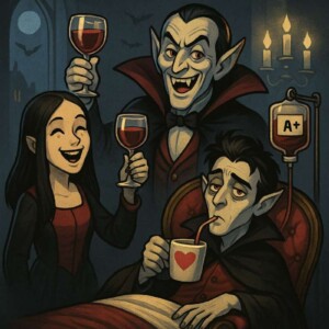 Drei Vampire feiern in düsterem Comicstil: Zwei stoßen mit Blutgläsern an, der Dritte schlürft erschöpft aus einer Tasse mit Herzsymbol, daneben hängt ein Blutbeutel mit „A+“.