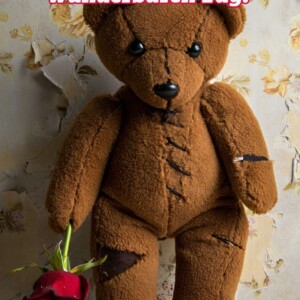 Zerschlissener, geflickter Teddybär vor abblätternder Tapete, hält eine blutende Rose in der Pfote – morbide Nostalgie trifft Plüschtragik.