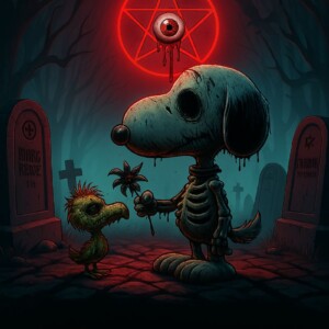 Zwischen Blümchen, Knochen und Pentagramm – Peanuts Romantik geht auch richtig schön höllisch. Ein skelettierter Hund in Cartoon-Optik hält eine Blume, während er einem grotesken Vogel gegenübersteht. Im Hintergrund ein Friedhof mit Grabsteinen und ein blutendes Pentagramm mit Auge. Text im Bild: ‚Ich wünsche dir einen schönen letzten Tag! Und später eine endlose Nacht.‘ Unten ein ironischer Slogan: ‚fantasykosmos.de: Wo selbst die Wurst nur ein Ende hat.